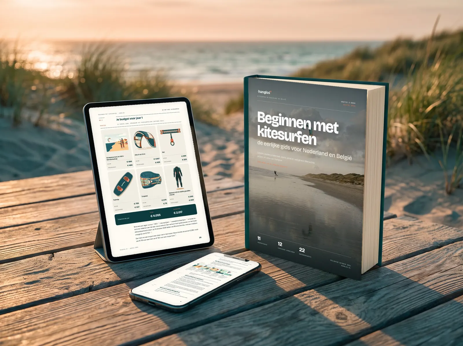 Het e-book Beginnen met kitesurfen als boek, op een tablet en op een telefoon