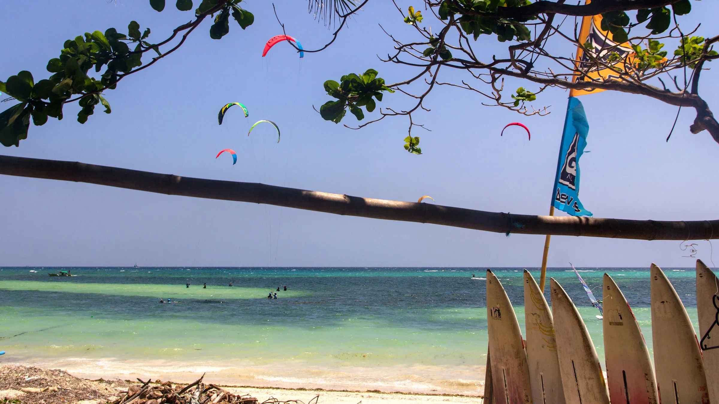 Kites boven Bulabog Beach, gezien vanonder de bomen aan het strand