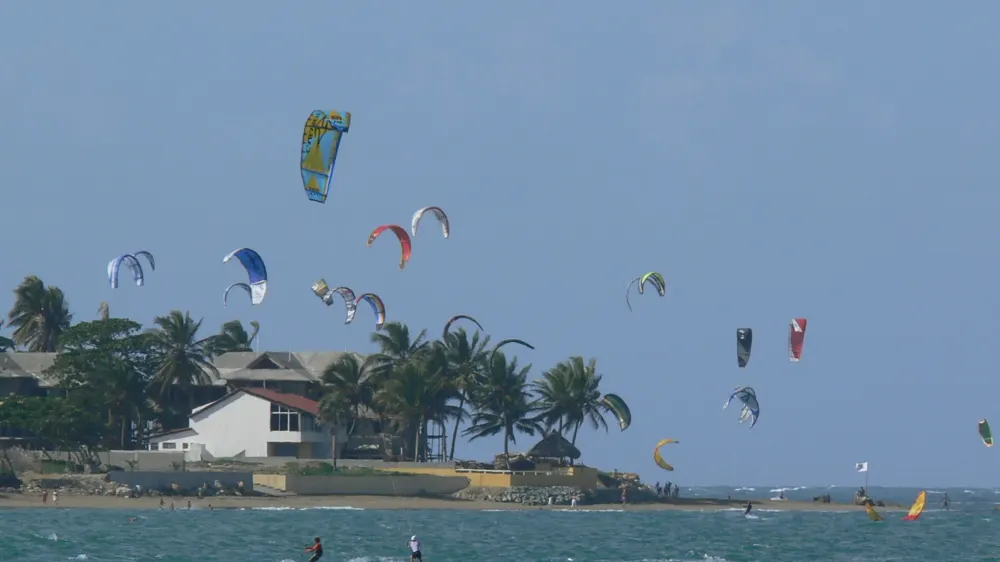 Tientallen kites boven de baai van Cabarete, met palmen en huizen aan de waterkant