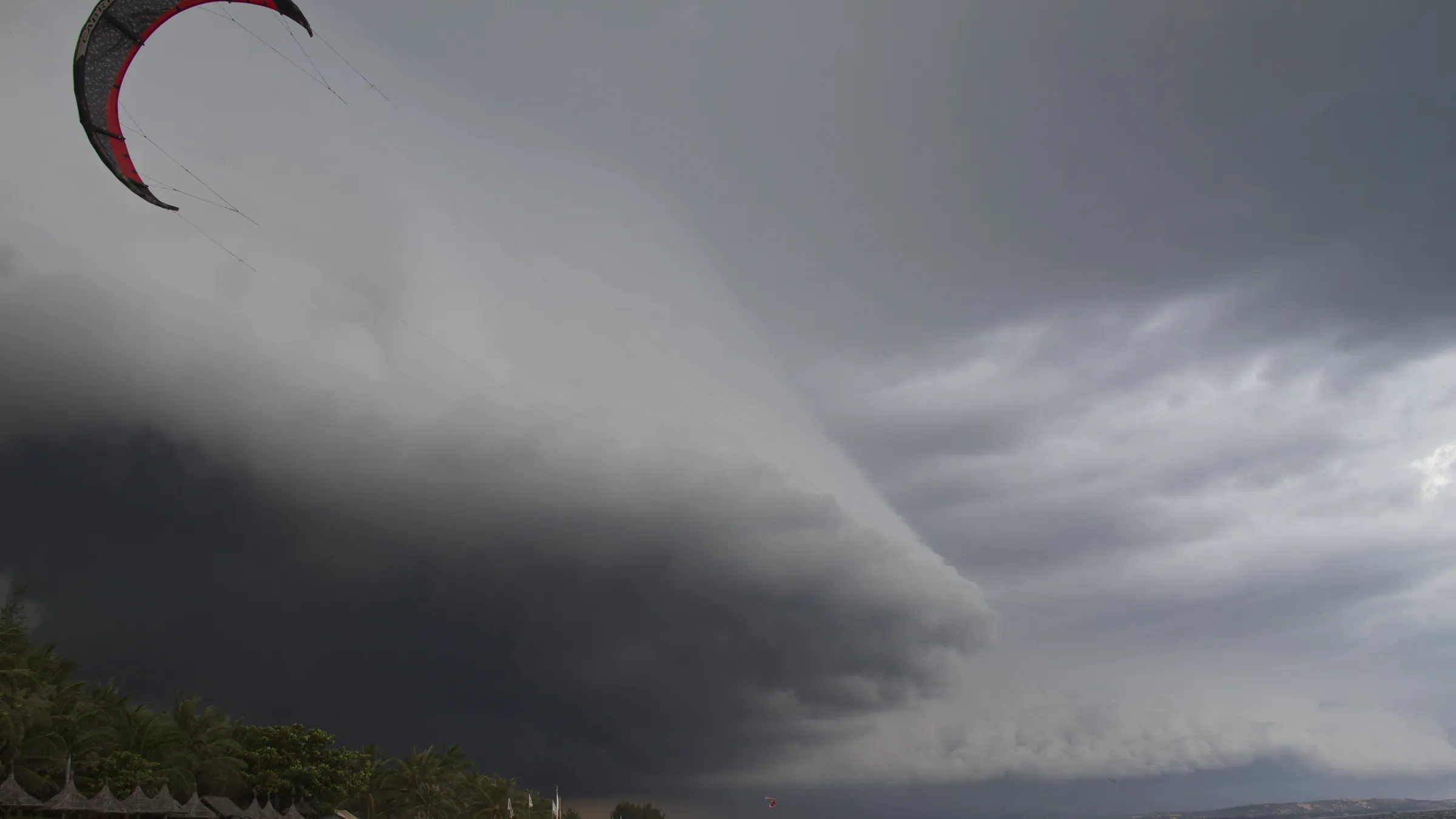 Kite in de lucht voor een donkere buienwolk boven het strand van Mui Ne