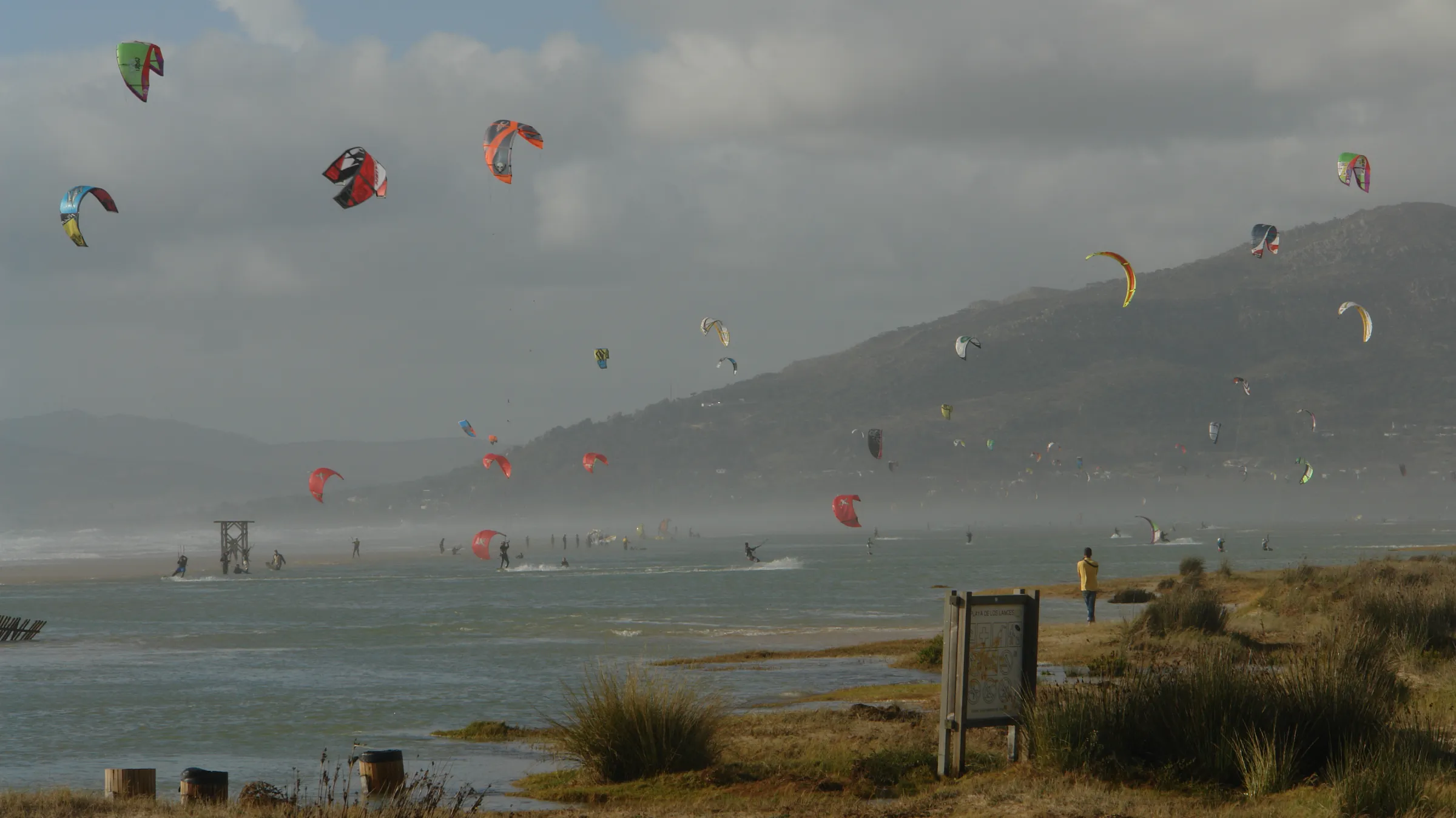 Tientallen kites boven Los Lances op een dag met levante